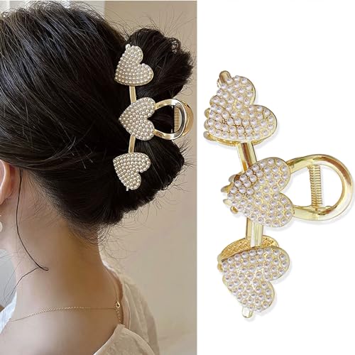 Pearls Heart Hair Clips Valentines Day Hair Accessories for Women Girls Pearl Gold Metal Hair Claw Clips Shiny Hearts Hairpins Strong Hold Hair Clip for Thick or Thin Hair Decoration 1 Pcs - color: A