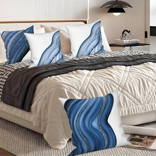 Abstract Fluid Throw Pillow Cover Dark Blue Ocean Wave Gold Sequin Halo Art Modern Aesthetic Linen Square Cushion Covers for Outdoor Couch Sofa Bedroom Home Car 16x16 Inch Set of 4 - color: Dark Blue, size: 16" x 16" (Pack of 4)