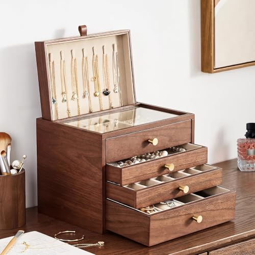 Walnut Wooden Women Jewelry Box with Pull-out Necklace Storage - style: 4 Layer B