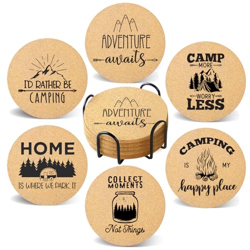 Coasters for Drinks with Holder Set of 6, Camping Coaster Absorbent Cork Wood for Cup Desk Office Table Kitchen Decor House Warming Gifts for New Home Couples, Round 4" - color: Camping