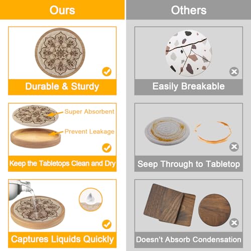 Wood Coasters for Drinks, Eykao Absorbent Coaster Sets of 5, Woven Drink Coasters for Coffee Table, Housewarming Gift for Farmhouse Home Decor,4 inches - color: Dark Brown (With Holder)