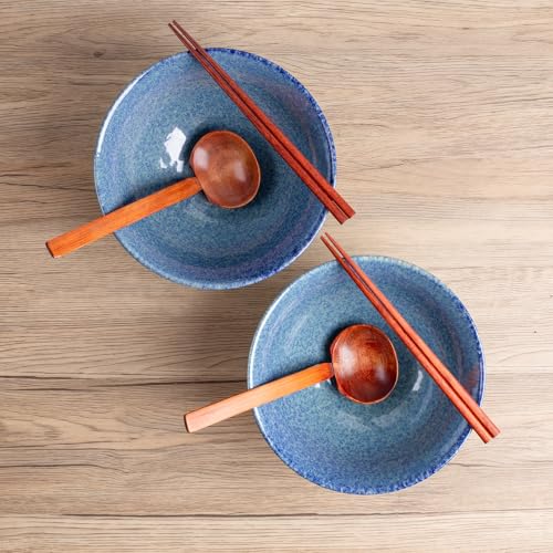 40oz Japanese Ceramic Ramen Bowl Set of 2 with Chopsticks and Spoons for Pho Udon Asian Soup Noodles (Sea Blue) - color: Sea Blue