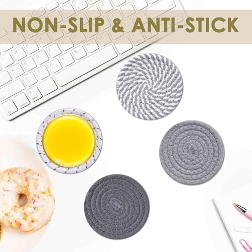 Drink Coasters 8 Pack with Holder, 4-Color Cotton Woven Absorbent Coasters Set, Minimalist 4.3in Cup Mat for Home Decor, Dining Table, Living Room, Tabletop-Protection for Coffee Beverage-Grey - color: Gray
