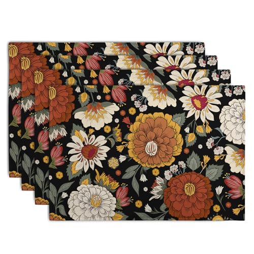 Black Boho Floral Placemats Set of 4 Spring Summer Vintage Flowers Botanical Decorative Table Mats Mid Century Modern Linen Place Mats for Party Kitchen Dining Outdoor Indoor Decor - color: Black Boho Floral