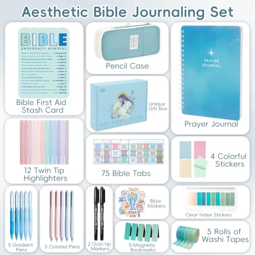 XKDOUS 50 Bible Study Supplies Journaling Kit with Journal and Case, Blue - color: Blue