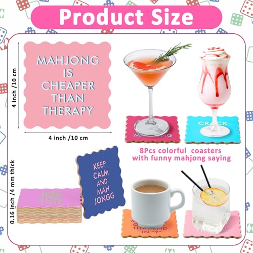 Newtay 8 Packs Mahjong Coasters 4'' Cute Wavy Edge Cork Coasters for Colorful Cups Drinks Table Protection Game Night Party Supplies Mahjong Accessories Gifts (Funny Sayings) - style: Funny Sayings