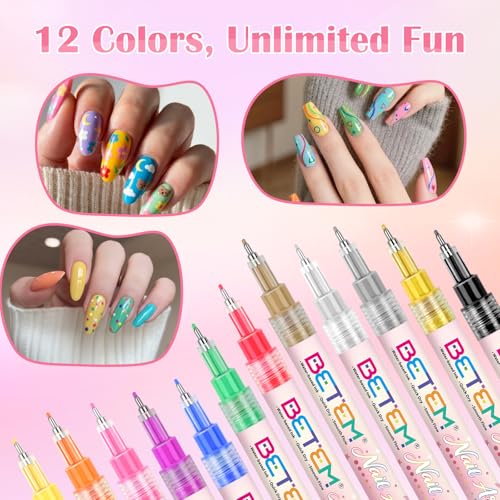 Betem Nail Art Pens Set, Fine Tip 12 Colors Nails Art Markers Non-Toxic, Quick-drying Nail Polish Pens, Acrylic Nail Kit for Home & Salon DIY, Easy French Manicure Tool, Gifts for Mom, Friends
