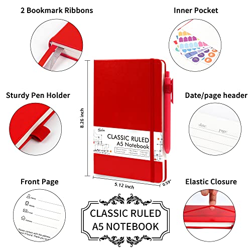 5 Pack Journal Notebook Bulk for School, Feela Hardcover Business Notebooks Classic Ruled Lined Journals with Pen Holder for Work Note Taking, with 5 Black Pens, 120 GSM, 5.1”x8.3”, A5, Red - color: 5 Pack red