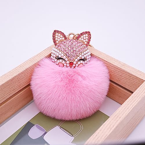 Faux Rabbit Fur Pom Pom Keychain with Fox Head - color: Pink
