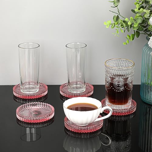 JUXYES Set of 5 Heat-Resistant Clear Glass Coaster for Hot and Cold Drinks - color: Pink, size: 5 Pack