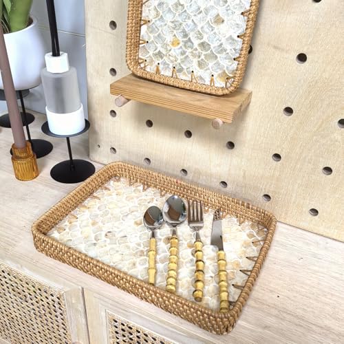 i-lan 2-Piece Rectangular Rattan Serving Trays with Mother of Pearl Inlay – Decorative Handwoven Trays for Coffee Table, Ottoman & Home Organization – Nested Set (13" & 11.5")