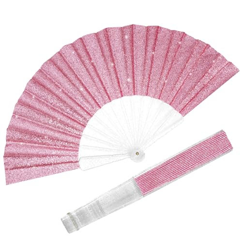 EOSAU 9" Glitter Folding Hand Fans Foldable, Clacking Fans for Women, Pink - color: 9" Pink 02