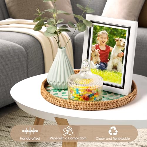Round Rattan Tray with Mother of Pearl Inlay, Coffee Table Wicker Tray with Wooden Base, Decorative Trays for Home Decor and Display of Coffee Food Fruit Bread (Green Wicker)