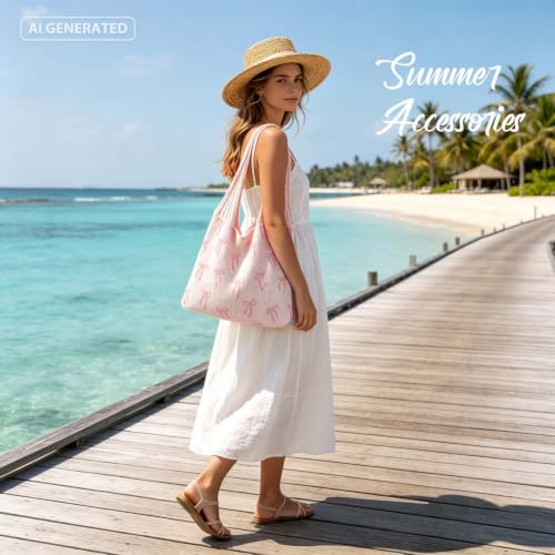 hatisan Crochet Bag for Women, Handmade Knit Beach Tote Bag Summer - color: Pink Bows