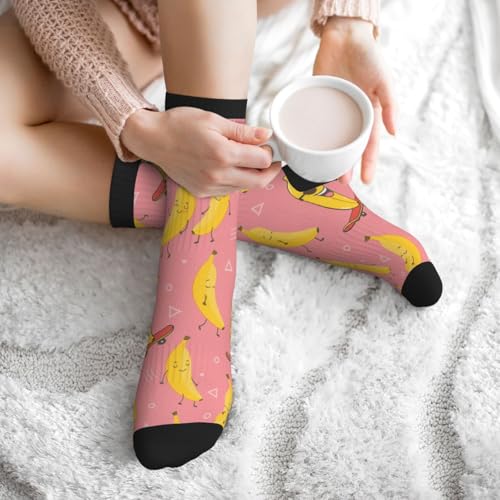Crew Athletic Socks Funny Crazy Casual Sports Novelty Dress Socks for Women Men Running Hiking - color: Pink Banana