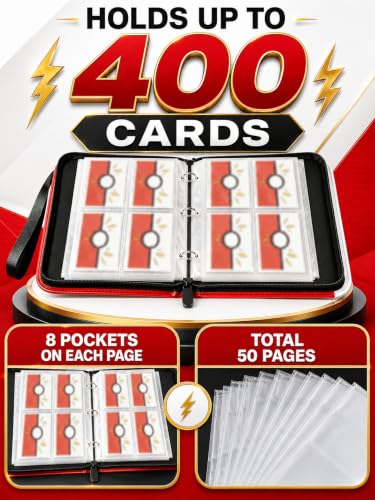 Collectible Trading Card Binder, 400 Pockets Card Holder with 50 Removable Sleeves, Portable Collection Binder Album Book Case Storage, Zipper Card Protective Sleeves for TCG, Sports Card - color: Elf Red