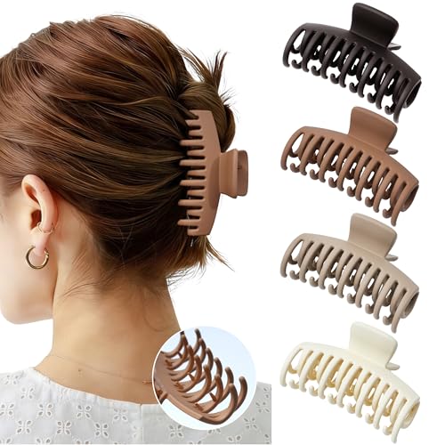 Mesovor 4 Pack 3.5" Double Row Teeth Claw Clips for Thin Fine Hair Non-Slip - color: Brown Neutral Matte