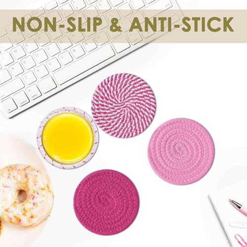 Drink Coasters 8 Pack with Holder, 4-Color Cotton Woven Absorbent Coasters Set, Minimalist 4.3in Cup Mat for Home Decor, Dining Table, Living Room, Tabletop-Protection for Coffee Beverage-Pink - color: Pink