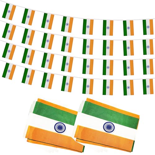 100 Feet India String Flag, 76 Pcs Indian Banner Flag, Small Mini World Banner Flags for Sports Events, Bars Decorations, School Festivals, Party Decorations, Celebrations (India) - color: India