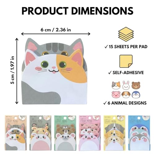 Cute Sticky Notes 6 Pack – 270 Sheets Mini Self Adhesive Memo Pads, Kawaii Cartoon Sticky Notes for Planner, School Supplies, Office Desk, Bookmark Tabs, Bear Cat Rabbit Pig Dog Penguin Shape - color: Animal Assortment