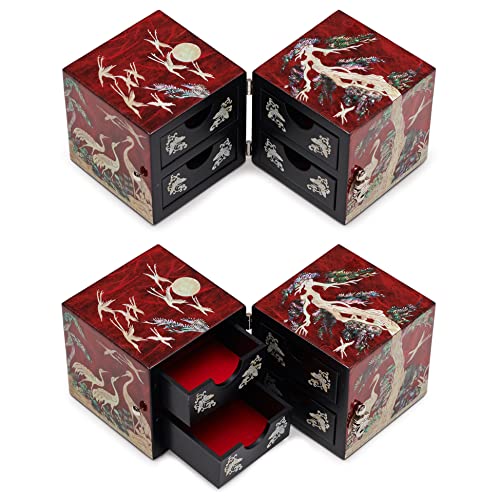 MADDesign Mother of Pearl Twin Cubes Jewelry Box Crane Pine Tree Red - color: Red