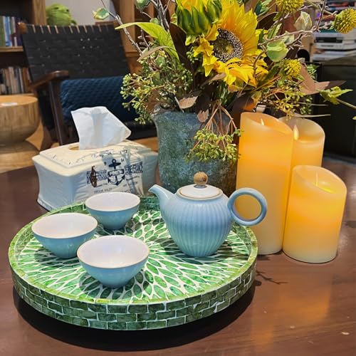12.5" Lazy Susan for Table Top – Mother of Pearl Spinning Turntable Serving Tray, Marble Lazy Susan Organizer for Dining Table Centerpiece, Kitchen Island Decor, Bathroom Counter, Outdoor Use (Green) - color: Green Leaf