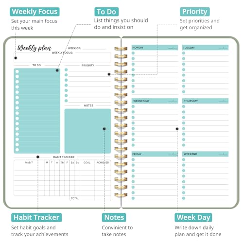 Taja Undated Weekly Planner, To Do List Notebook with Habit Tracker, A5 - color: a.Green