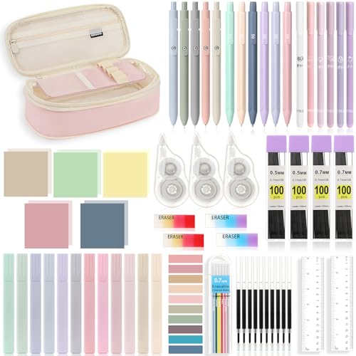 MoKo Pencil Case with Supplies, 60Pcs Aesthetic School Set, Pink - color: Pink-60P