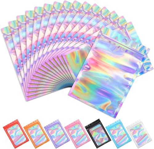 Funfery 100pcs Mylar Holographic Bags-Resealable Zipper&Clear Window - color: Holographic, size: 4.3 x 7.5 Inch