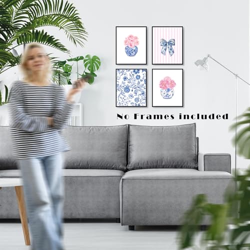 LUKIPOM Blue and White Chinoiserie Floral Wall Art Prints 8x10 Set of 4, Grand Millenial Decor, Coquette Bow Chinoiserie Porcelain Pink Floral Wall Art Posters for Home Bedroom Decor, Unframed - color: Color 001