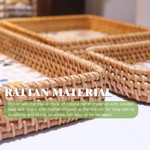 Rectangle Rattan Serving Tray with Mother of Pearl Inlay, Handmade Wicker Coffee Table Basket for Fruit Bread Food Tea Party Picnic Table Kitchen Home Boho Decor 3 Sizes (Moroccan Blossoms) - color: Moroccan Blossoms