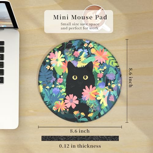 Hancynir Black Cat Round Mouse Pad, Small Mousepad for Laptop Desk Office - color: Floral Cat