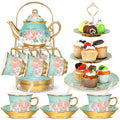 21 Pcs Porcelain Tea Set with 3 Tier Dessert Stand, Green, Summer - color: Green, style: Summer