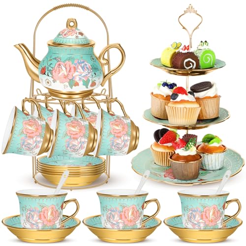 21 Pcs Porcelain Tea Set with 3 Tier Dessert Stand, Green, Summer - color: Green, style: Summer