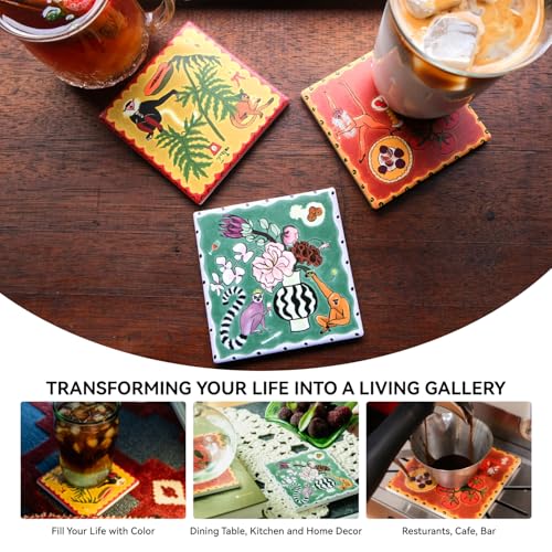 SAMCAM Bar Coasters Set of 6, 4inch Absorbent Drink Coasters with Ceramic Surface and Cork Base, Monkey Theme Art Coaster Set for Bar Cafe Kitchen Decor, Gift for Men, Art Lovers and Housewarming