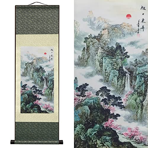 AtfArt Silk Scroll Painting, Waterfall River Landscape, 36.2x12in - color: A7