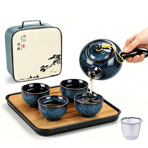 DUJUST Chinese Gongfu Tea Set, Kiln Altered Glaze Porcelain Tea Set with 1 Teapot, 4 Tea Cups & 1 Tea Tray, Portable Japanese Tea Sets with Storage Bag for Travel, Gifting, Outdoor, Dark Blue - color: Dark Blue