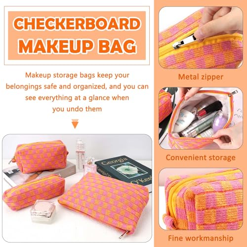 3 Pcs Makeup Bag Checkered Cosmetic Bag Large Capacity Traveling Toiletry Pounch Organizer Cute Makeup Brushes Aesthetic Accessories Storage Bag for Girls Women(Orange-Purple) - color: Orange-Purple