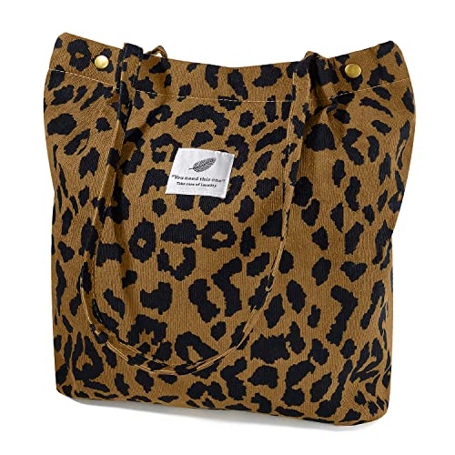 Ayieyill Corduroy Tote Bag for Women Canvas Shoulder Cord Purse with Inner Pocket - color: Brown Leopard