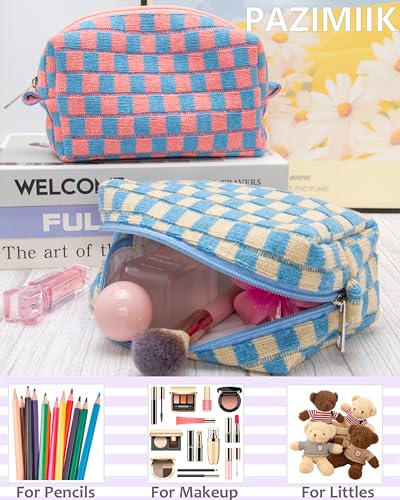 Checkered Makeup Bag for Purse, Small Travel Cosmetic Pouch,Blue Beige - color: Blue Beige