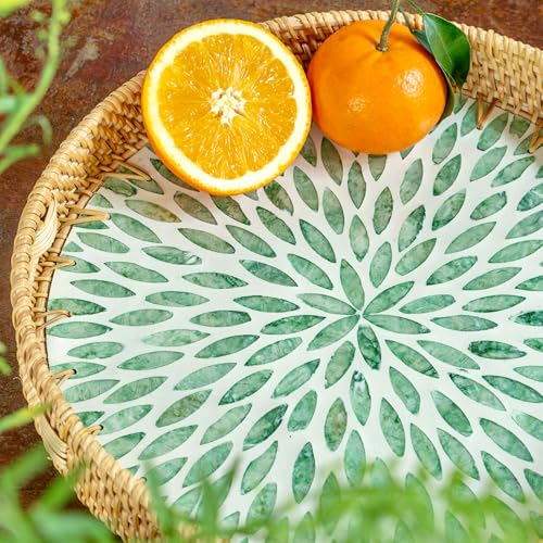 JUNGLE CULTURE Round Rattan Tray with Mother of Pearl Inlay • Everglade 12” - color: Everglade, size: 11.8"
