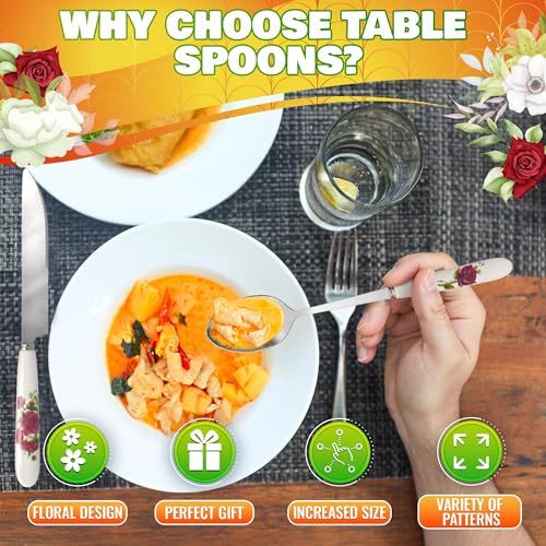 Tablespoons Set of 6, Ceramic Handle, Stainless Steel, Floral Design - color: 6 Pcs Floral Table Tablespoons Set