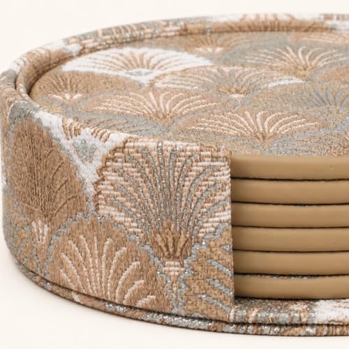 Art Deco Coasters Set of 6 with Holder, Beige - color: Beige