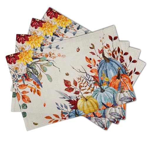 Giwawa Fall Thanksgiving Placemats Set of 4 Watercolor Autumn Pumpkins Floral Linen Table Mats 12x18 Inch Washable Heat Resistance for Kitchen Dining Farmhouse Holiday Decor - color: Fall