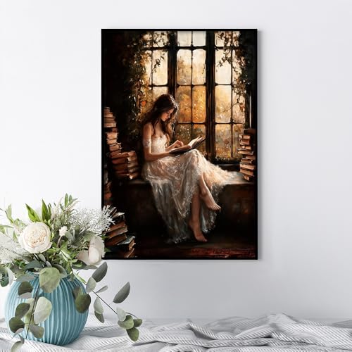 uoyien Victorian Girls Reading Canvas Wall Art, 16x24in, Black Framed - color: Brown, size: 16x24in Black Metal Framed