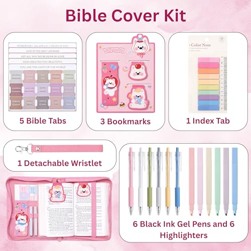 Large Bible Cover Case for Women - Faux Leather Bible Study Organizer Bag with Complete Journaling Kit & Accessories, Pink Floral with Zipper Closure