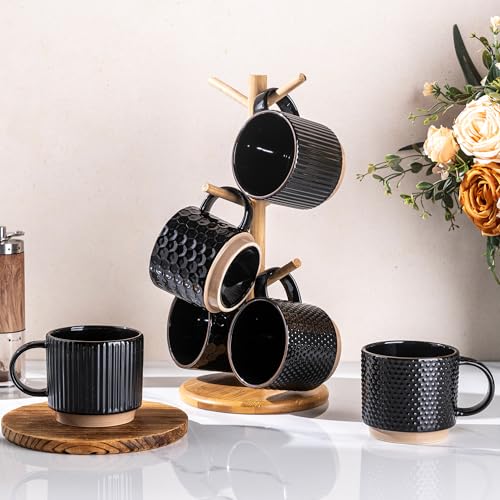 GBhome 12 OZ Stackable Coffee Mugs Set of 6, Ceramic Black Coffee Cups Set - color: Black, size: 12 Ounce(6PCS)