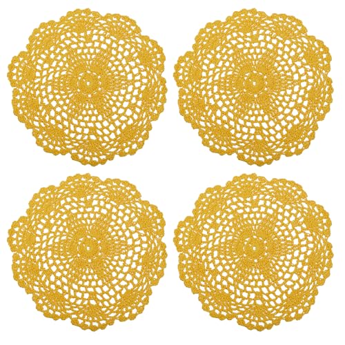 Crochet Doilies, 4Pcs 8 Inch - Handmade Crochet Cotton Coaster, Round Lace Placemats with Floral Patterns for Wedding Party Decoration (Ginger Yellow)