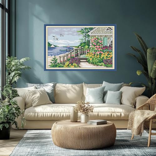 CROSSDECOR Cross Stitch Kits for Adults,Stamped Cross Stitch Kits,DIY Needlepoint Kits for Beginners Counted Embroidery Craft Supplies for Home Décor,Cottage by the Water 11.8×8.2in - color: Cottage by the Water 11.8×8.2in
