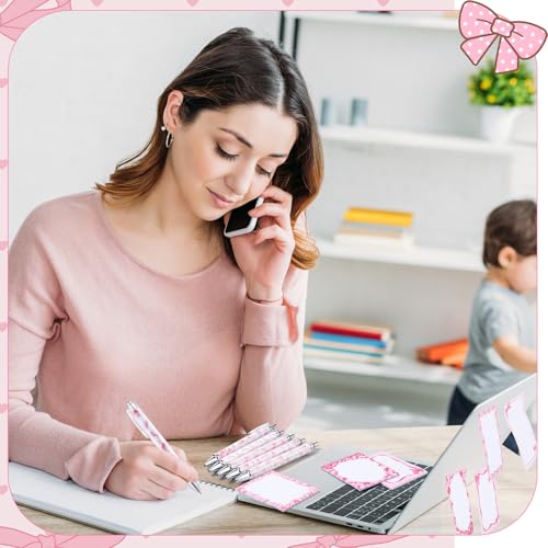 Dispowreath 24 Pcs Pink Bow Sticky Notes with Pens Coquette Gifts - style: Pink bow